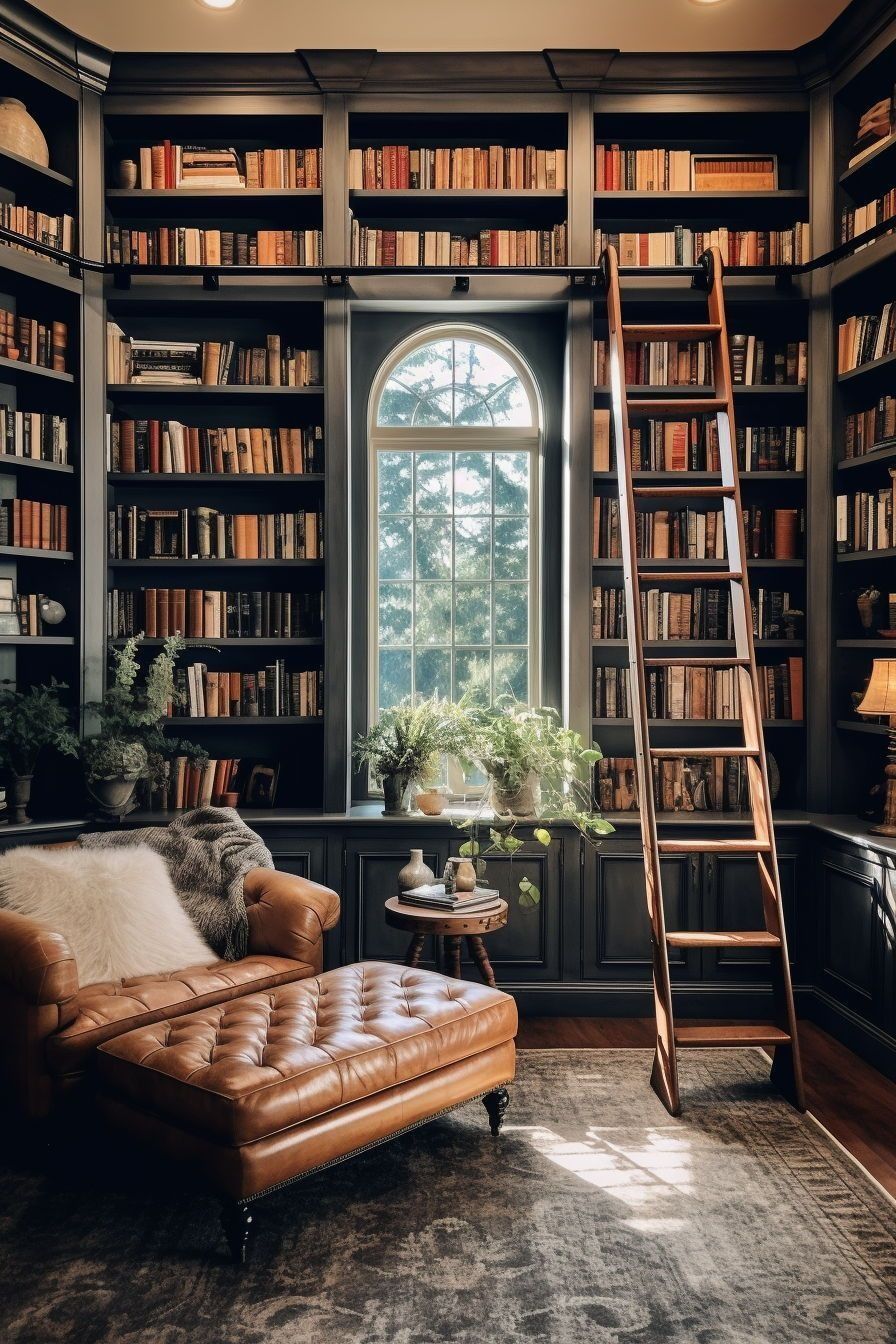 Elegant home library with floor-to-ceiling bookshelves and arched window